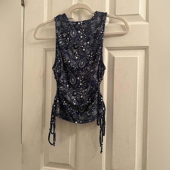 Size small blue white star print astrological side cutout ties ribbed tank top - Picture 4 of 6
